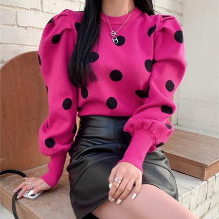 FA54475# 秋冬新款波点针织套头衫泡泡袖韩版时尚复古优雅女毛衣  服裝批發女裝批發服飾貨源