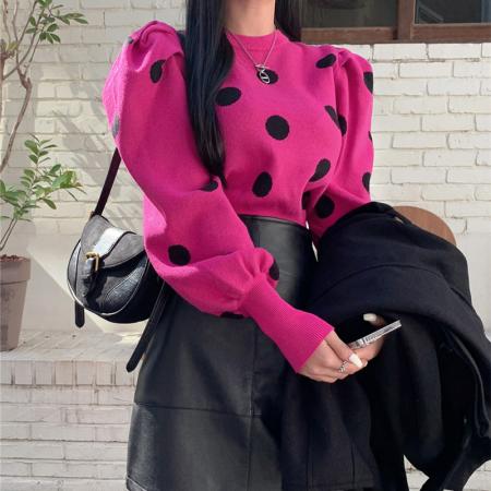 FA54475# 秋冬新款波点针织套头衫泡泡袖韩版时尚复古优雅女毛衣  服裝批發女裝批發服飾貨源