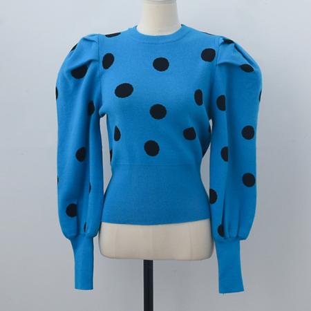 FA54475# 秋冬新款波点针织套头衫泡泡袖韩版时尚复古优雅女毛衣  服裝批發女裝批發服飾貨源
