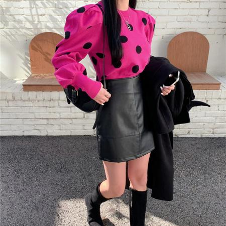 FA54475# 秋冬新款波点针织套头衫泡泡袖韩版时尚复古优雅女毛衣  服裝批發女裝批發服飾貨源