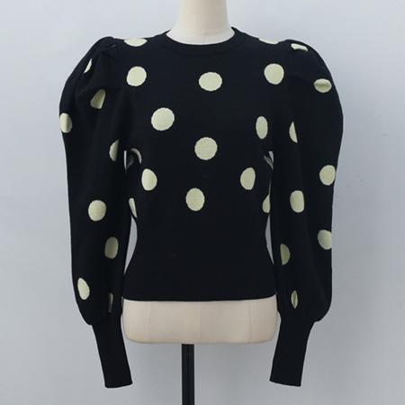 FA54475# 秋冬新款波点针织套头衫泡泡袖韩版时尚复古优雅女毛衣  服裝批發女裝批發服飾貨源