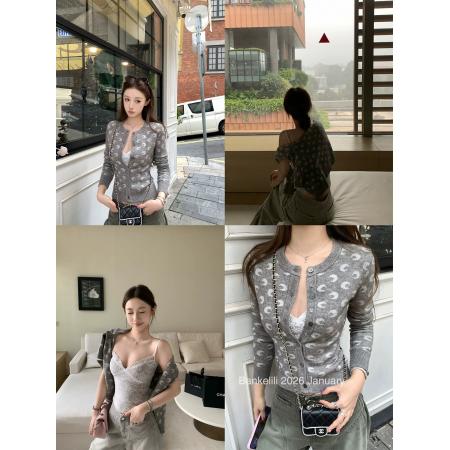 FA54477# 家色本命开衫韩系小众月牙提花针织开衫  服裝批發女裝批發服飾貨源