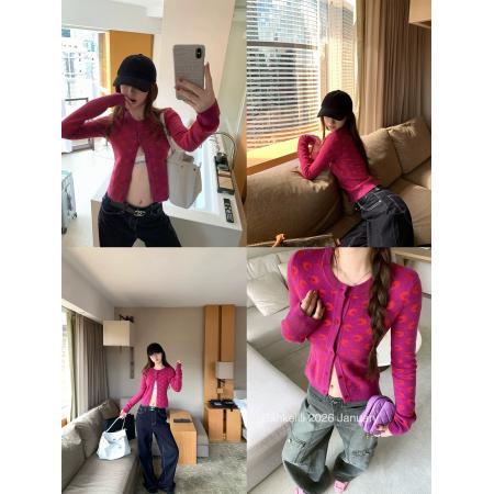 FA54477# 家色本命开衫韩系小众月牙提花针织开衫  服裝批發女裝批發服飾貨源