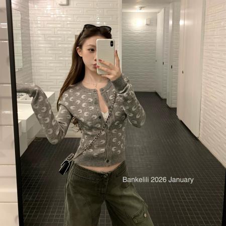 FA54477# 家色本命开衫韩系小众月牙提花针织开衫  服裝批發女裝批發服飾貨源