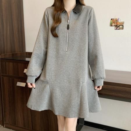 FA54479# 大码女装秋季新款设计款复古裙摆皮领拉链休闲POIO连衣裙  服裝批發女裝批發服飾貨源