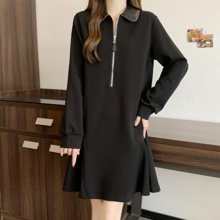 FA54479# 大码女装秋季新款设计款复古裙摆皮领拉链休闲POIO连衣裙  服裝批發女裝批發服飾貨源
