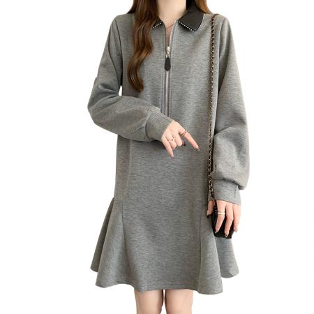 FA54479# 大码女装秋季新款设计款复古裙摆皮领拉链休闲POIO连衣裙  服裝批發女裝批發服飾貨源