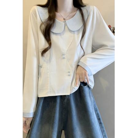 FA54480# 大码女装早春新款设计感格子娃娃领拼接时尚长袖短款衬衣  服裝批發女裝批發服飾貨源