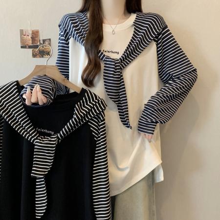 FA54481# 大码女装秋新款设计拼接条纹假两件刺绣连帽宽松长袖上衣  服裝批發女裝批發服飾貨源