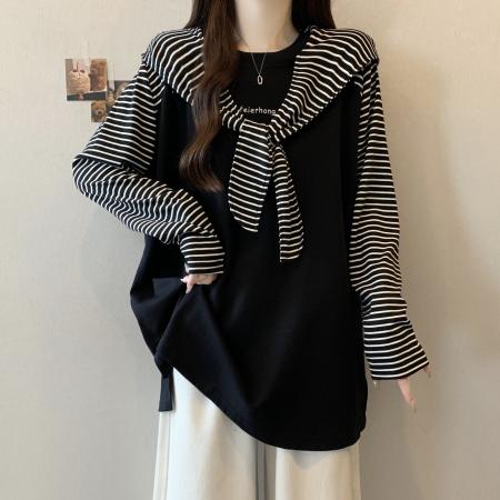 FA54481# 大码女装秋新款设计拼接条纹假两件刺绣连帽宽松长袖上衣  服裝批發女裝批發服飾貨源