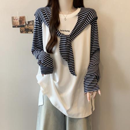 FA54481# 大码女装秋新款设计拼接条纹假两件刺绣连帽宽松长袖上衣  服裝批發女裝批發服飾貨源