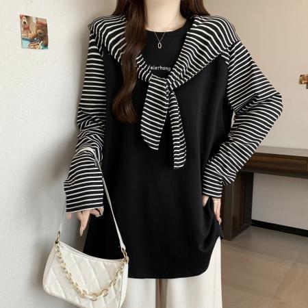 FA54481# 大码女装秋新款设计拼接条纹假两件刺绣连帽宽松长袖上衣  服裝批發女裝批發服飾貨源