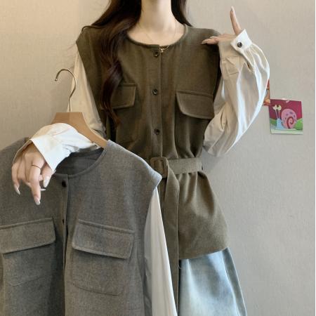 FA54482# 大码女装秋季新款韩系双口袋设计款拼接假两件系腰带上衣  服裝批發女裝批發服飾貨源