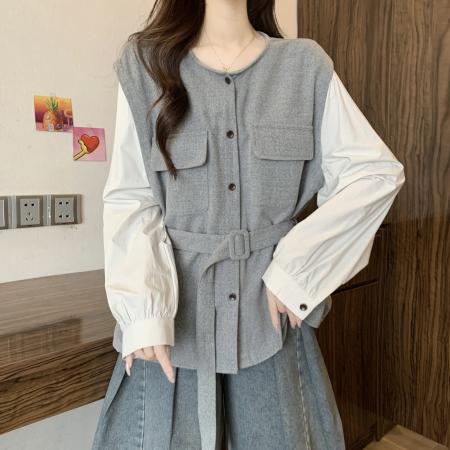 FA54482# 大码女装秋季新款韩系双口袋设计款拼接假两件系腰带上衣  服裝批發女裝批發服飾貨源