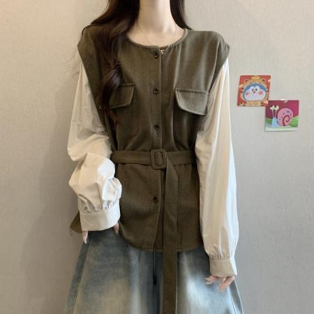 FA54482# 大码女装秋季新款韩系双口袋设计款拼接假两件系腰带上衣  服裝批發女裝批發服飾貨源
