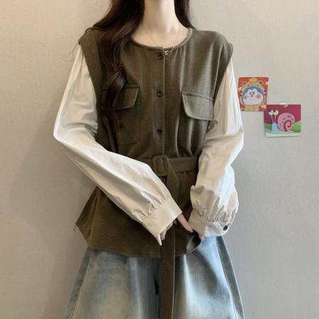 FA54482# 大码女装秋季新款韩系双口袋设计款拼接假两件系腰带上衣  服裝批發女裝批發服飾貨源