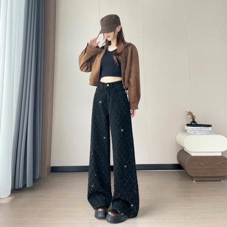 FA54484# 黑色菱格提花阔腿牛仔裤女冬季新款高腰烫钻直筒拖地裤  服裝批發女裝批發服飾貨源