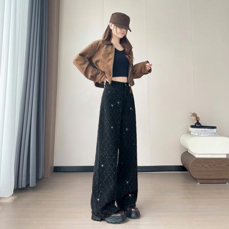 FA54484# 黑色菱格提花阔腿牛仔裤女冬季新款高腰烫钻直筒拖地裤  服裝批發女裝批發服飾貨源