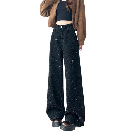 FA54484# 黑色菱格提花阔腿牛仔裤女冬季新款高腰烫钻直筒拖地裤  服裝批發女裝批發服飾貨源