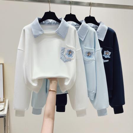 FA54485# 早春新款学院风拼色条纹小翻领简约假两件小熊卫衣  服裝批發女裝批發服飾貨源