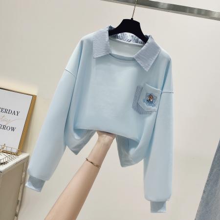 FA54485# 早春新款学院风拼色条纹小翻领简约假两件小熊卫衣  服裝批發女裝批發服飾貨源