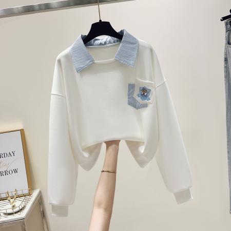 FA54485# 早春新款学院风拼色条纹小翻领简约假两件小熊卫衣  服裝批發女裝批發服飾貨源