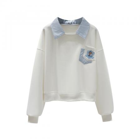 FA54485# 早春新款学院风拼色条纹小翻领简约假两件小熊卫衣  服裝批發女裝批發服飾貨源