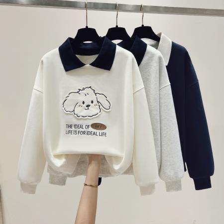 FA54486# 新款娃娃领假两件立体小狗贴布绣小个子卡通卫衣  服裝批發女裝批發服飾貨源