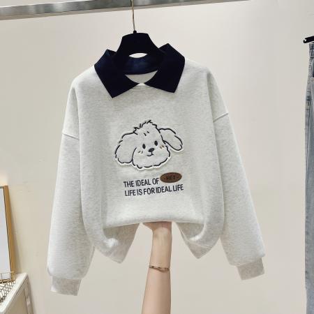 FA54486# 新款娃娃领假两件立体小狗贴布绣小个子卡通卫衣  服裝批發女裝批發服飾貨源