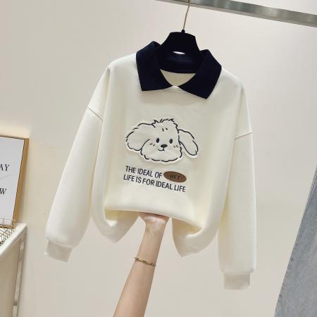 FA54486# 新款娃娃领假两件立体小狗贴布绣小个子卡通卫衣  服裝批發女裝批發服飾貨源