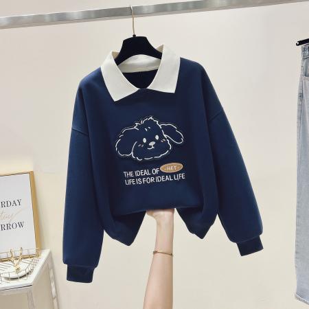 FA54486# 新款娃娃领假两件立体小狗贴布绣小个子卡通卫衣  服裝批發女裝批發服飾貨源