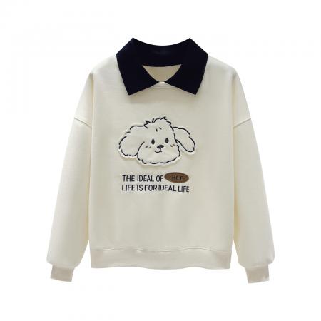 FA54486# 新款娃娃领假两件立体小狗贴布绣小个子卡通卫衣  服裝批發女裝批發服飾貨源