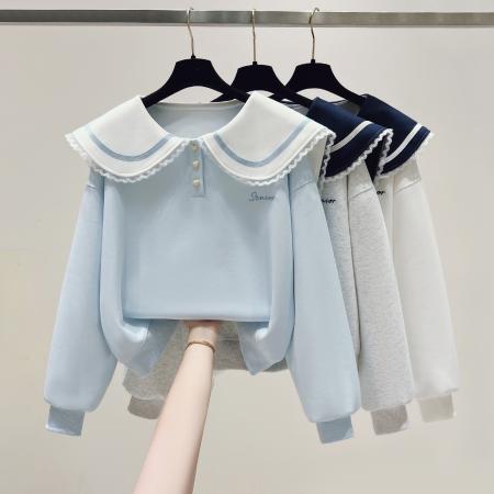 FA54487# 早春新款校园风拼色蕾丝花边娃娃领卫衣宽松上衣  服裝批發女裝批發服飾貨源