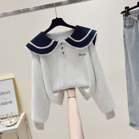 FA54487# 早春新款校园风拼色蕾丝花边娃娃领卫衣宽松上衣  服裝批發女裝批發服飾貨源