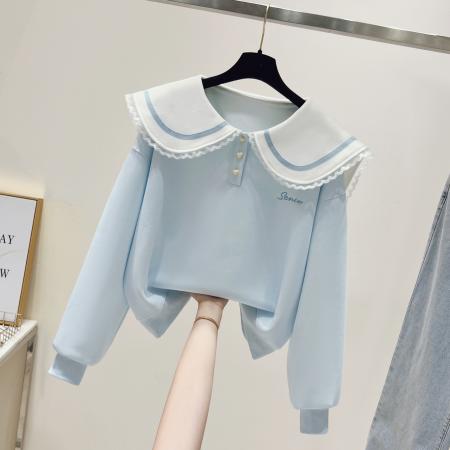 FA54487# 早春新款校园风拼色蕾丝花边娃娃领卫衣宽松上衣  服裝批發女裝批發服飾貨源