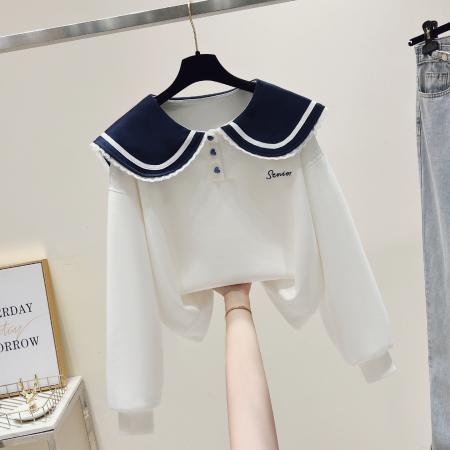 FA54487# 早春新款校园风拼色蕾丝花边娃娃领卫衣宽松上衣  服裝批發女裝批發服飾貨源