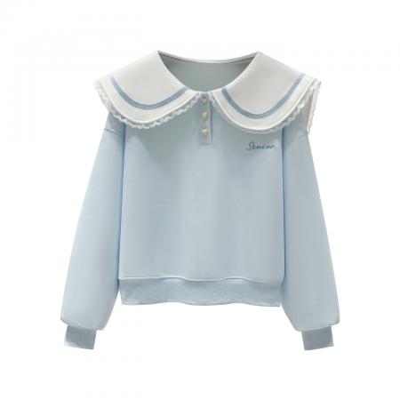 FA54487# 早春新款校园风拼色蕾丝花边娃娃领卫衣宽松上衣  服裝批發女裝批發服飾貨源