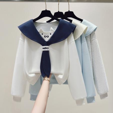 FA54488# 早春新款校园风拼色海军娃娃领卫衣百搭宽松上衣  服裝批發女裝批發服飾貨源