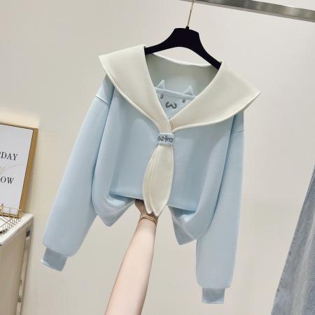 FA54488# 早春新款校园风拼色海军娃娃领卫衣百搭宽松上衣  服裝批發女裝批發服飾貨源