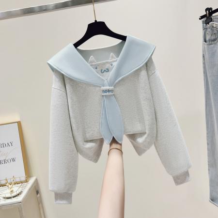 FA54488# 早春新款校园风拼色海军娃娃领卫衣百搭宽松上衣  服裝批發女裝批發服飾貨源