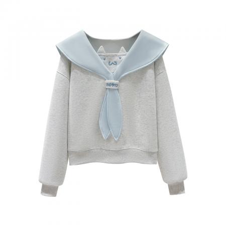 FA54488# 早春新款校园风拼色海军娃娃领卫衣百搭宽松上衣  服裝批發女裝批發服飾貨源