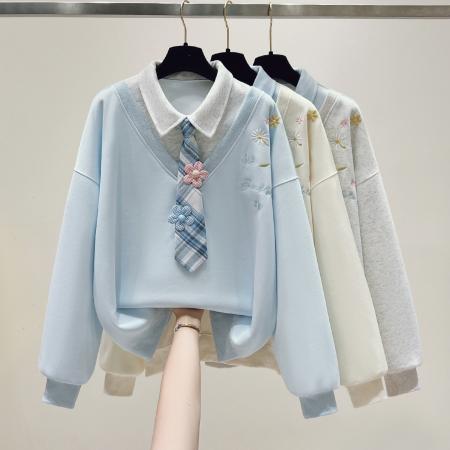 FA54489# 早春新款小清新绣花学院风假两件宽松polo领卫衣  服裝批發女裝批發服飾貨源