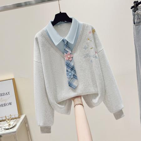 FA54489# 早春新款小清新绣花学院风假两件宽松polo领卫衣  服裝批發女裝批發服飾貨源