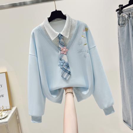 FA54489# 早春新款小清新绣花学院风假两件宽松polo领卫衣  服裝批發女裝批發服飾貨源