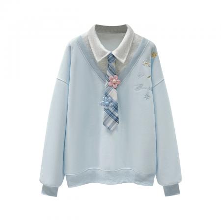 FA54489# 早春新款小清新绣花学院风假两件宽松polo领卫衣  服裝批發女裝批發服飾貨源