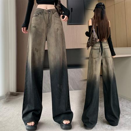 FA54490# 渐变复古阔腿牛仔裤女宽松拖地直筒裤美式高街长裤  服裝批發女裝批發服飾貨源