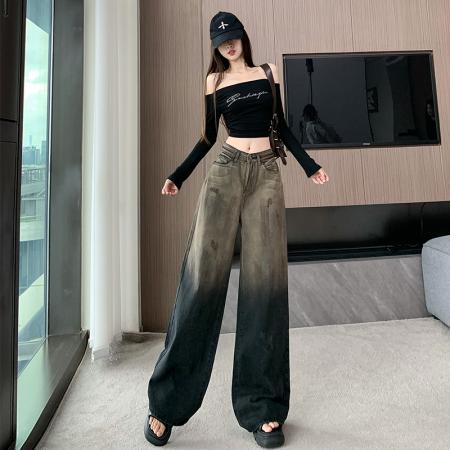 FA54490# 渐变复古阔腿牛仔裤女宽松拖地直筒裤美式高街长裤  服裝批發女裝批發服飾貨源