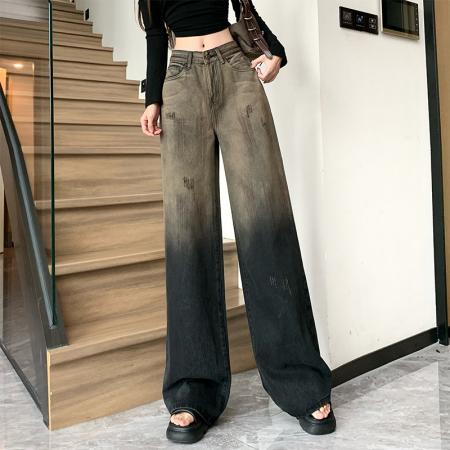 FA54490# 渐变复古阔腿牛仔裤女宽松拖地直筒裤美式高街长裤  服裝批發女裝批發服飾貨源
