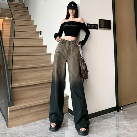 FA54490# 渐变复古阔腿牛仔裤女宽松拖地直筒裤美式高街长裤  服裝批發女裝批發服飾貨源