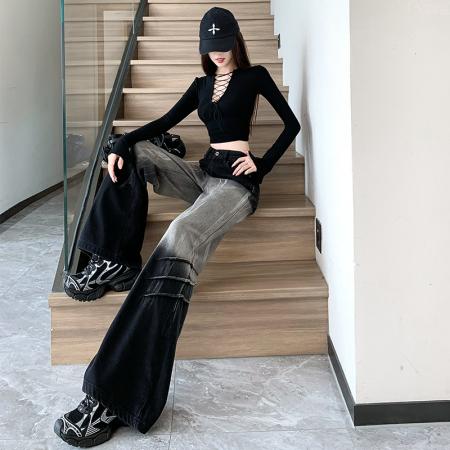 FA54491# 炸街网红爆款渐变色牛仔裤女阔腿裤  服裝批發女裝批發服飾貨源